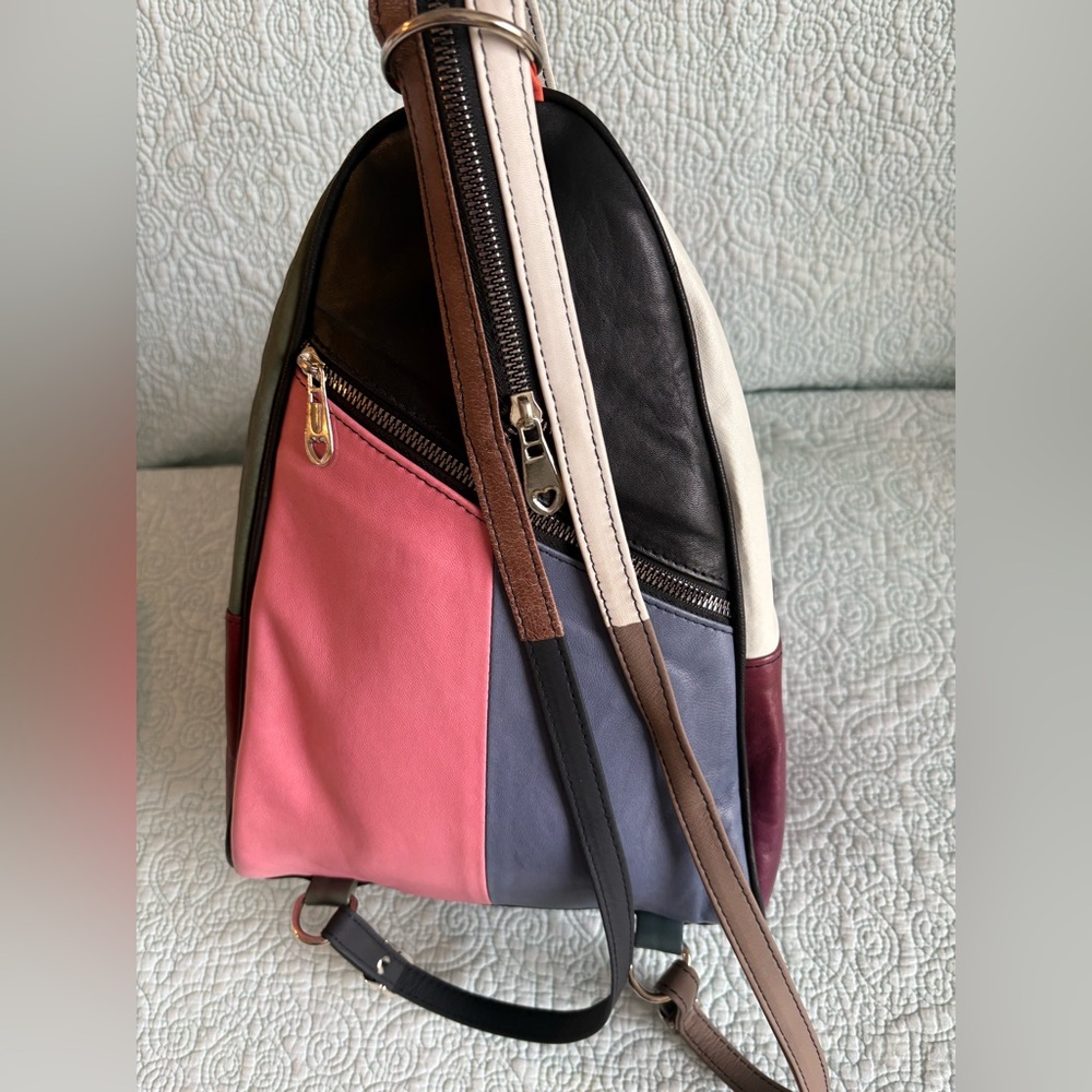 Colorblock Leather Sling Backpack - Pink, Black & Multicolor